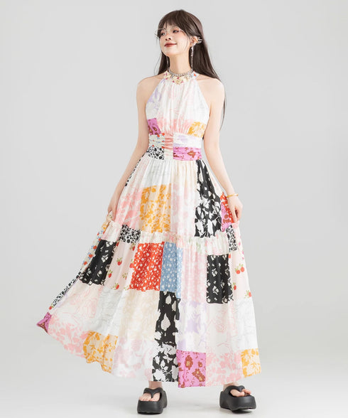 Patchwork Halter Maxi Dress